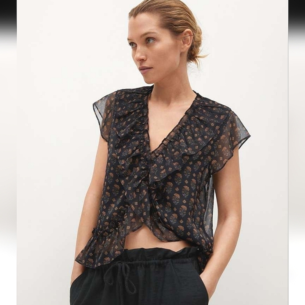 MANGO Black & Yellow Floral Ruffled Mock WrapTop. Size XS NWT